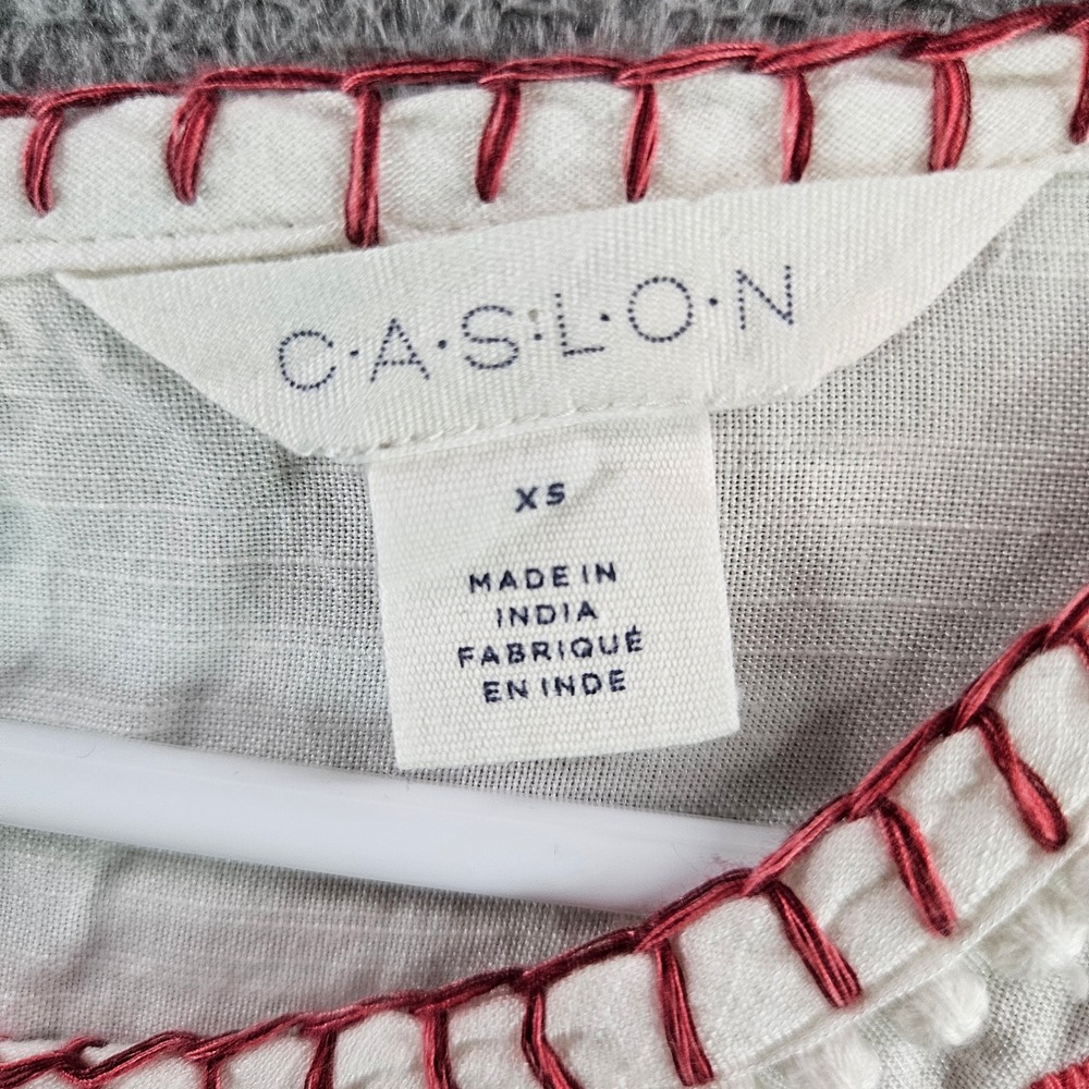 Caslon Womens XS Embroidered Floral Boho‎ Blouse White Short Sleeve Pom Pom Trim - Picture 3 of 9
